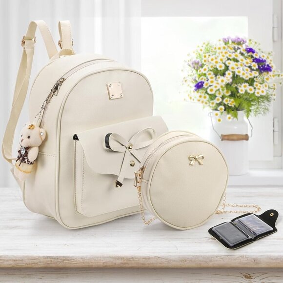 3Pcs Leather Backpack Purse Set for Women Mini Bowknot Casual Travel - Picture 4 of 7